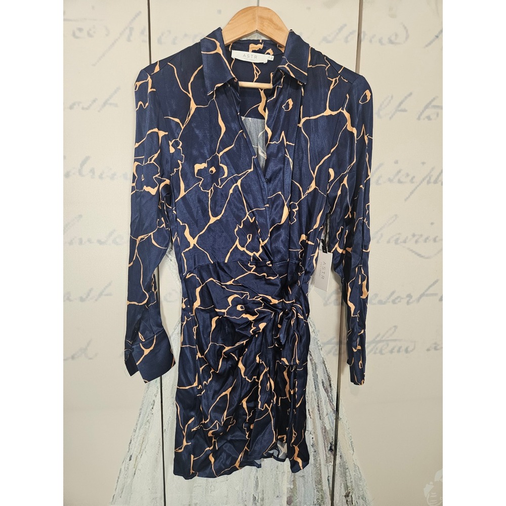 ASTR the Label Navy Taupe Abstract Floral Satin Wrap Mini Dress XS NEW